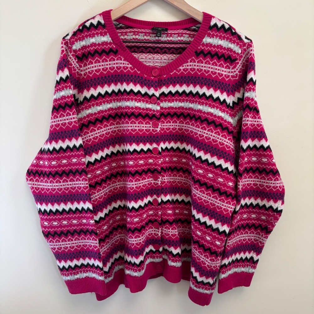 Talbots Pink Fair Isle Cardigan Sweater Womens 2X V-Neck Button Front Knit